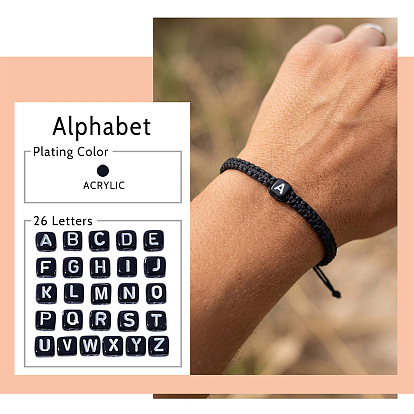 Verstellbare, handgefertigte Armbänder aus gewachster Kordel mit Acrylbuchstabenperlen, Schwarz