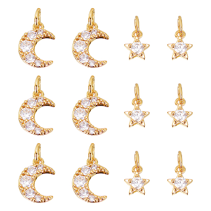 12 piezas 2 estilos de dijes de circonita cúbica transparente con micro pavé de latón, con anillos de salto, la luna y las estrellas