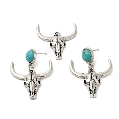 Synthetic Turquoise & Cattle Alloy Pendant Studs Earrings Sets, 316 Steel Needle Jewely for Women