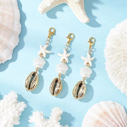 Подвесные украшения из гальванизированной ракушки и искусственного жемчуга ABS, с синтетической бирюзой в виде морской звезды и застежками-кнопками из сплава