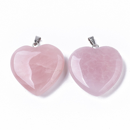 Natural Rose Quartz Pendants, with Stainless Steel Snap On Bails, Heart, Stainless Steel Color
