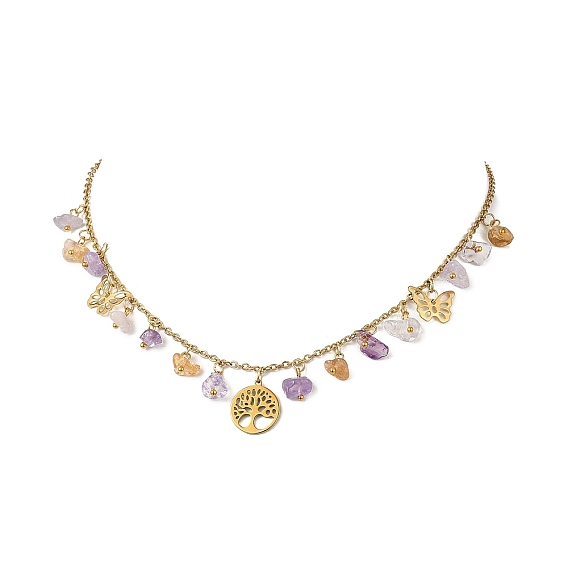 304 Женские кулоны-нагрудники из нержавеющей стали с подвеской в виде дерева жизни и самородков из натурального аметрина