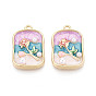 Подвески из эмали, АБС-пластика и искусственного жемчуга с гальваническим покрытием., прямоугольник с цветочными подвесками, без кадмия, без никеля и без свинца, золотые