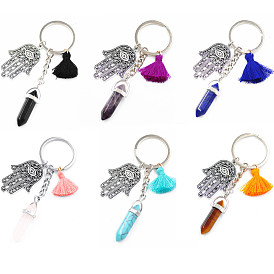 Crystal Hexagonal Prism Keychain with Tassel and Fatima Hand Pendant
