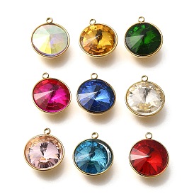 Стеклянные подвески, плоские круглые прелести, с 304 фурнитурой из нержавеющей стали, ионное покрытие (ip), граненые, реальный 18 k позолоченный