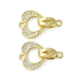 Rack Plating Eco-Friendly Brass Micro Pave Clear Cubic Zirconia Fold Over Clasps, Long-Lasting Plated, Lead Free & Cadmium Free, Heart