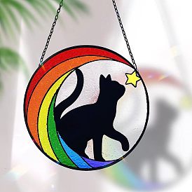 Moon with Cat Stained Acrylic Window Planel with Chain, for Suncatchers Window Home Hanging Ornaments