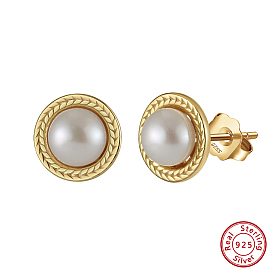 925 Sterling Silver Flat Round Stud Earrings, with Natural Pearl, with S925 Stamp
