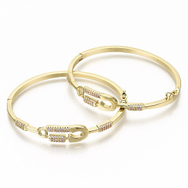 Brass Micro Pave Clear Cubic Zirconia Bangles, Nickel Free, Safety Pin