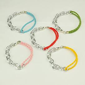 10Pcs Fashion Braided Bracelets, with Leather Cord, Aluminium Chains and Alloy Lobster Claw Clasps