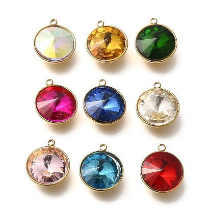 Стеклянные подвески, плоские круглые прелести, с 304 фурнитурой из нержавеющей стали, ионное покрытие (ip), граненые, реальный 18 k позолоченный