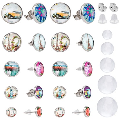 DIY Stud Earring Making Kits, with 304 Stainless Steel Ear Stud Findings, Transparent Glass Cabochons, 304 Stainless Steel & Plastic Ear Nuts