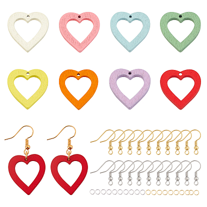 Kits de boucles d'oreilles pendantes en forme de cœur à faire soi-même, y compris 24 pendentifs en bois de peuplier peint en couleurs, crochets et anneaux de saut en laiton, cœur