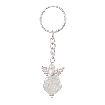 Angel ABS Plastic Imitation Pearl Pendant Keychains, with Iron Split Key Rings