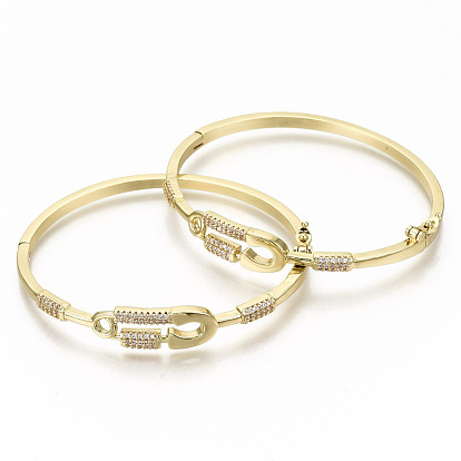Brass Micro Pave Clear Cubic Zirconia Bangles, Nickel Free, Safety Pin