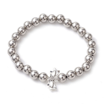 8mm Round 304 Stainless Steel Beaded Stretch Bracelets, Alloy Bowknot Link Bracelets for Women