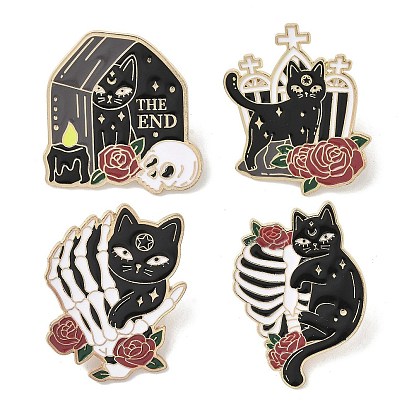 Эмалированные булавки на Хэллоуин, булавки для лацканов из сплава для одежды рюкзака, форма кошки с черепом, скелетом/розой/могилой