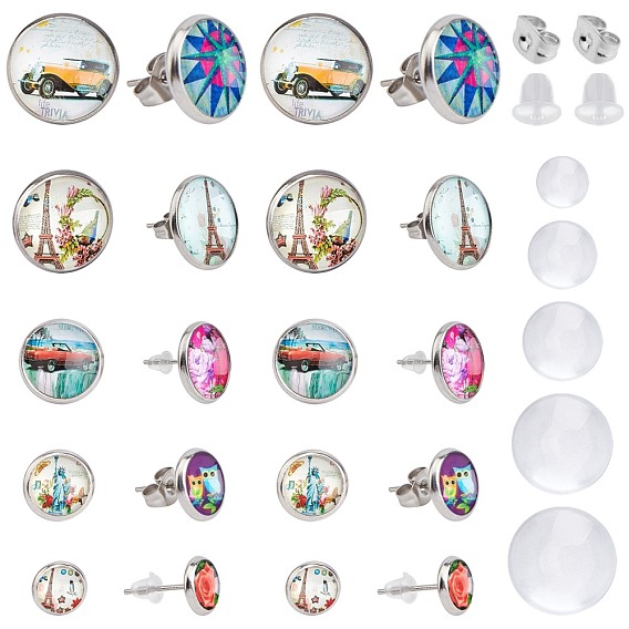 DIY Stud Earring Making Kits, with 304 Stainless Steel Ear Stud Findings, Transparent Glass Cabochons, 304 Stainless Steel & Plastic Ear Nuts