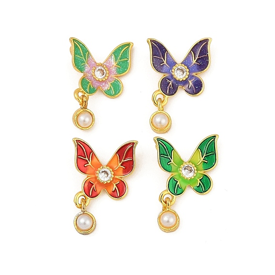 Подвески из латуни с кубическим цирконием и искусственным жемчугом из АБС-пластика, без кадмия, без никеля и без свинца, бабочка, с эмалью