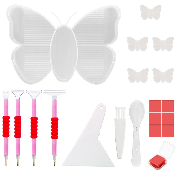 DIY Diamond Painting Tool Kit, Including Butterfly Tray Plate, 5Pcs Plug
, Spoon, Brush, Correction Scraper, 4Pcs Point Drill Pen, 4pcs Pen Grip, 6Pcs Glue Clay and Storage Box