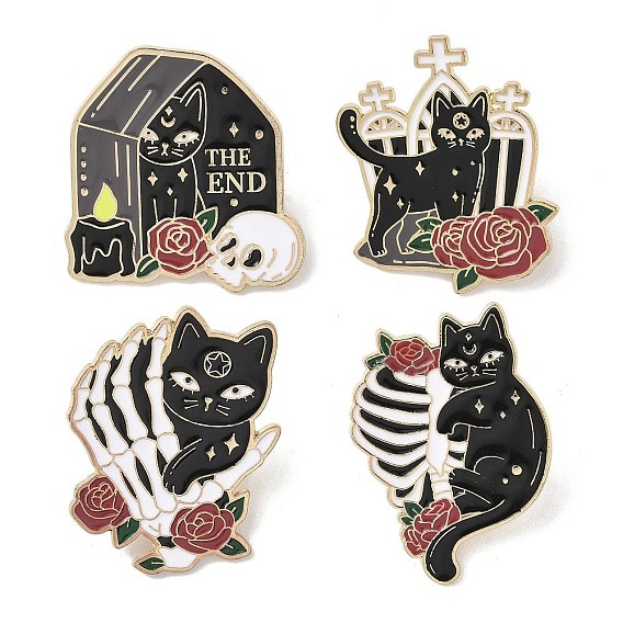 Эмалированные булавки на Хэллоуин, булавки для лацканов из сплава для одежды рюкзака, форма кошки с черепом, скелетом/розой/могилой