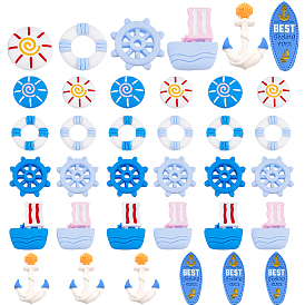 60Pcs 5 Style Opaque Resin Cabochons, Navy Style, Helm & Swim Ring & Flat Round & Sailing Boat & Flag