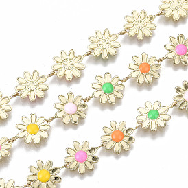 Brass Enamel Chains, Daisy Flower Link Chains, Long-Lasting Plated, Nickel Free, Soldered