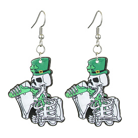 Halloween Printed Acrylic Dangle Earrings, with 304 Stainless Steel Earring Hooks, Skeleton Pattern, Green