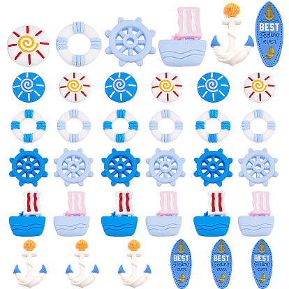 60Pcs 5 Style Opaque Resin Cabochons, Navy Style, Helm & Swim Ring & Flat Round & Sailing Boat & Flag
