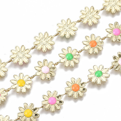 Brass Enamel Chains, Daisy Flower Link Chains, Long-Lasting Plated, Nickel Free, Soldered