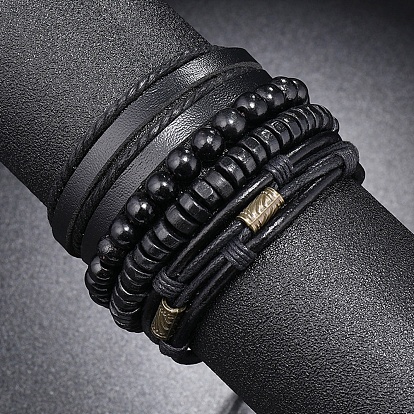 4Pcs 4 Style Adjustable Braided Imitation Leather Cord Bracelets Set, Wood & Alloy Beaded Stretch Bracelets for Men
