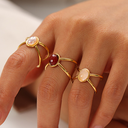 Овальное кольцо с натуральным драгоценным камнем, манжетное кольцо из нержавеющей стали для женщин, реальный 18 k позолоченный