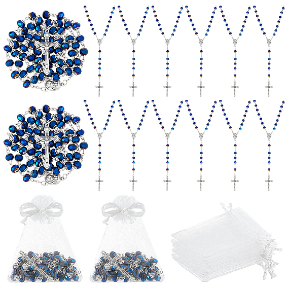 15 шт. подвеска в виде креста Иисуса из цинкового сплава, бусы-колье из синего стекла в форме ронделя для женщин и мужчин, с 15шт. белыми мешочками из органзы на завязках