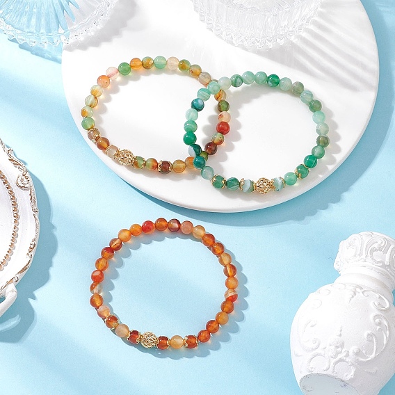 3 piezas 3 colores ágata roja natural y ágata rayada/ágata con bandas y ágata verde pavo real (teñida y calentada) y conjuntos de pulseras elásticas de cuentas redondas de latón para mujeres, dorado
