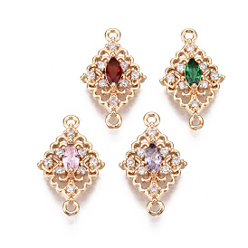 Brass Micro Pave Cubic Zirconia Links Connectors, with Glass, Long-Lasting Plated, Rhombus, Light Gold