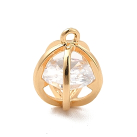 Brass Clear Cubic Zirconia Charms, Bead Cage Style Round Charm, Real 18K Gold Plated