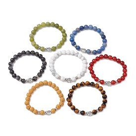 7Pcs 7 Colors Natural Mixed Gemstone Stretch Bracelets Sets, Elephant Alloy Bracelets for Men Women