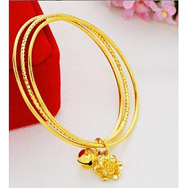 Brass Bell & Flower Charms Triple Loops Bangle, Multi Layer Slip On Bangle