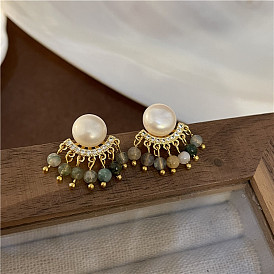 Unique ethnic style natural pearl tourmaline tassel earrings high-end retro earrings short earrings gifts