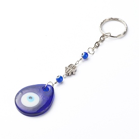 Handmade Lampwork Evil Eye Keychain, with Iron & 304 Stainless Steel Key Clasp Findings and Tibetan Style Alloy Beaads, Teardrop