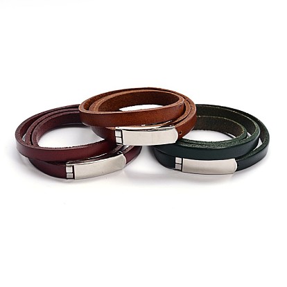 3-Loop Cowhide Leather Wrap Bracelets, with Alloy Clasps, 590x7~8.5mm