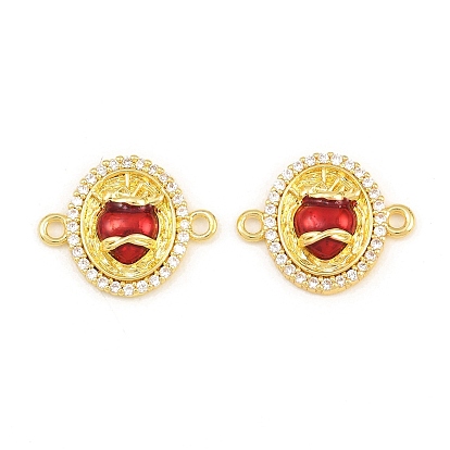 Brass Micro Pave Clear Cubic Zirconia Connector Charms, Oval with Sacred Heart, with Enamel, Rack Plating, Long-Lasting Plated, Lead Free & Cadmium Free