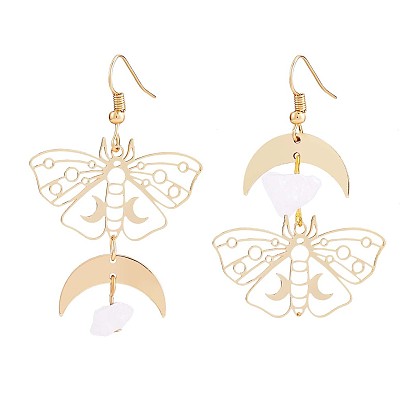 Alloy Moth with Natural Quartz Crystal Beaded Long Dangle Earrings, Crescent Moon Long Asymmetrical Earrings for Women