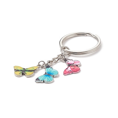 3Pcs Colorful Butterfly Alloy Enamel Pendant Keychain, with Iron Findings