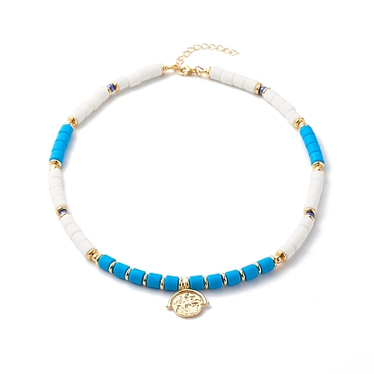 Polymer Clay Beaded Necklaces, with Brass Flat Round Pendant and Beads, Horse Pattern