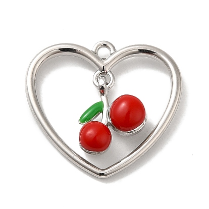 Alloy Pendants, with Enamel, Heart with Cherry Charm