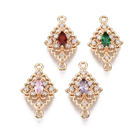 Brass Micro Pave Cubic Zirconia Links Connectors, with Glass, Long-Lasting Plated, Rhombus, Light Gold
