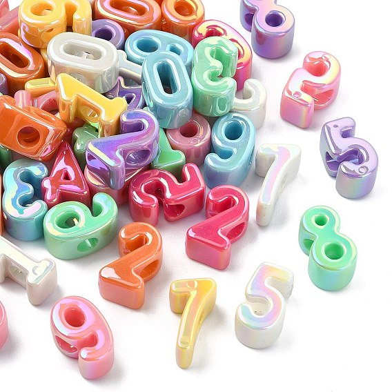 50Pcs 10 Styles Opaque UV Plating Acrylic Beads, Iridescent, Number 0~9