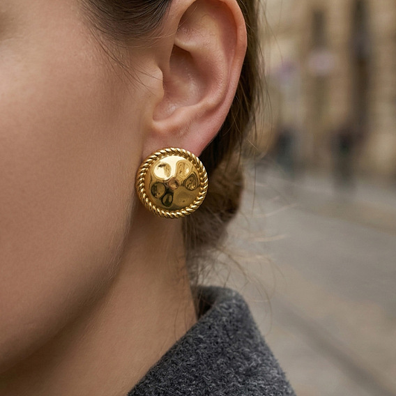 304 из нержавеющей стали серьги, кованая текстура плоская круглая