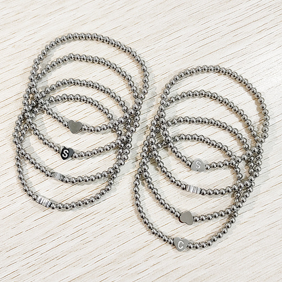 304 эластичные браслеты из нержавеющей стали для женщин, сердце с письмом, цвет нержавеющей стали